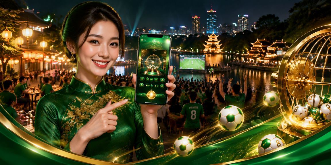 Người phụ nữ Hà Nội mặc áo dài kiểm tra kết quả xổ số và thông tin khuyến mãi voucher trên điện thoại thông minh