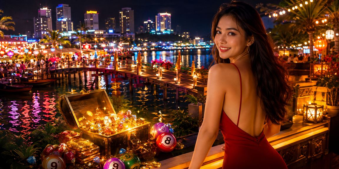 Chợ đêm Nha Trang với không khí sôi động, người dùng kiểm tra kết quả xổ số và khuyến mãi trên điện thoại
