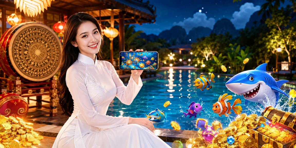 Người dùng tại Ninh Bình ngồi bên hồ nước xanh, cầm điện thoại đang thao tác nhập mã voucher trên ứng dụng cá cược